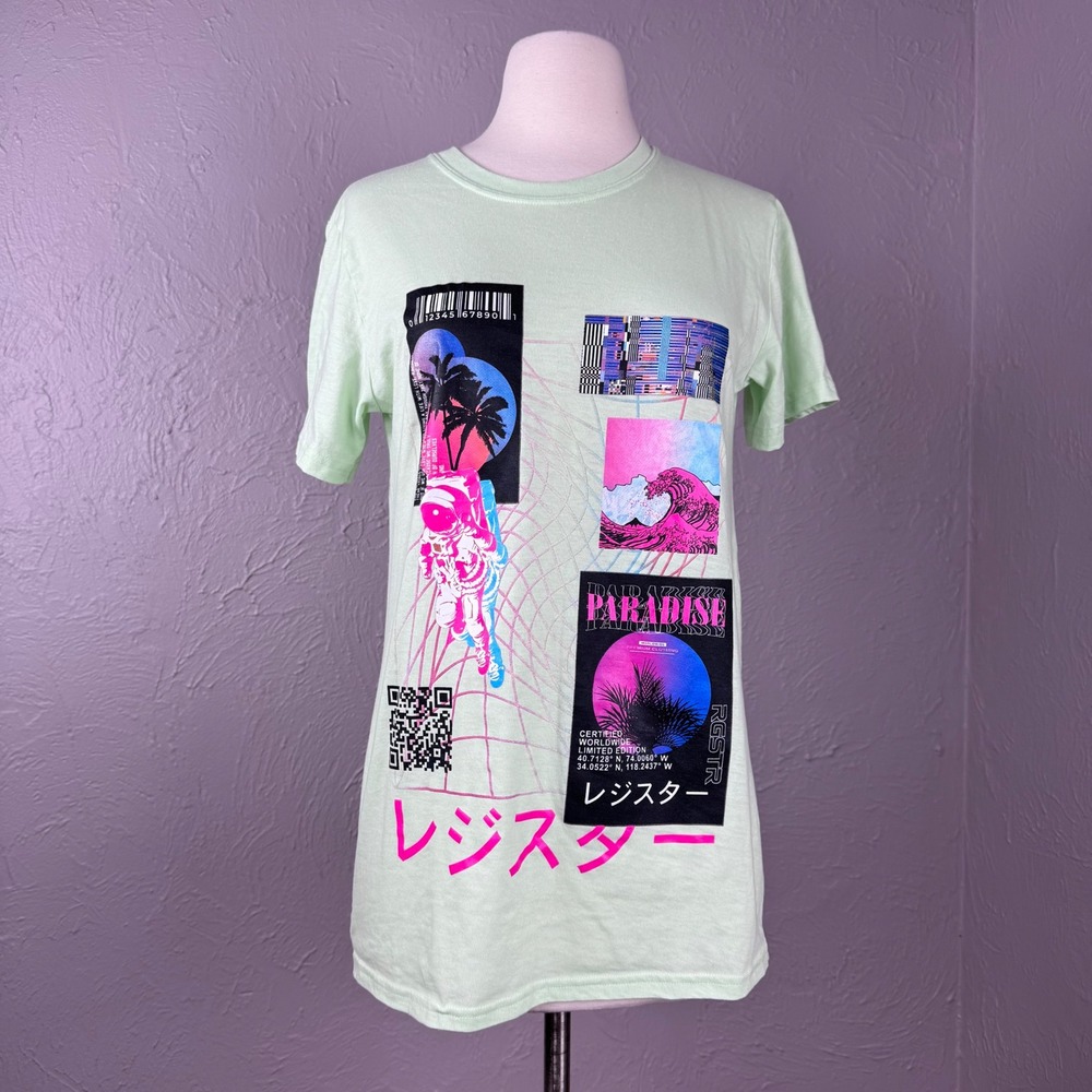 Small slim fit green Vapor wave t shirt R Gstr Barcodes QR codes trippy palm